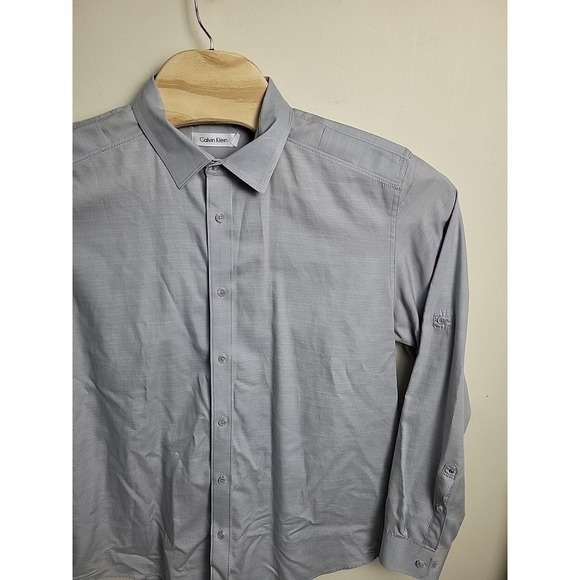 Calvin Klein Mens Large Dress Shirt Long Sleeve Button Down Gray Roll up Sleeve - Picture 2 of 11